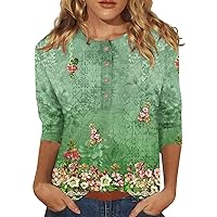 3/4 Sleeve Spring Dressy Pullover Womans Nice Button Floral Shirts Women's V Neck