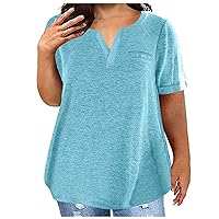 Plus Size Tops Womens Casual Short Sleeve T Shirts Summer Basic Notch V Neck Solid Dressy Blouses Loose Fit Tops 2024
