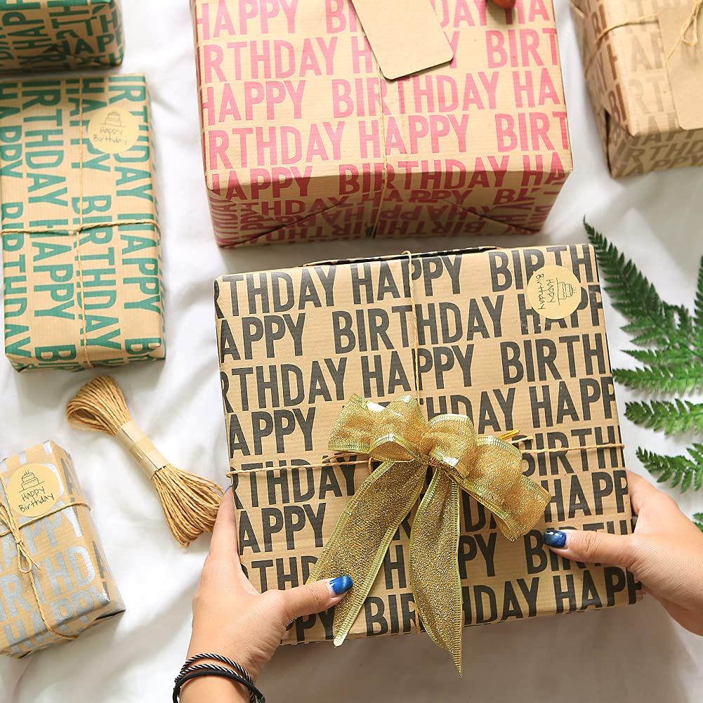 Happy Birthday Wrapping Paper For Boys Men Women Girls Kids,Recycled Gift Wrapping Paper, 20 x 28 inches per sheet (12 sheets: 47 sq. ft. ttl.) Brown Kraft Folded Paper with Jute Strings, Stickers and Bows for Birthday Occasions