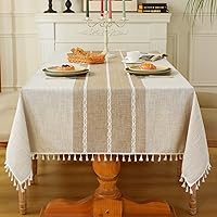 Laolitou Rustic Cotton Linen Table Cloth,Tablecloths for 6 Foot Rectangle Tables,Waterproof Washable Tablecloth with Tassel Rectangle/Oblong, 55''x 86'', 6-8 Seats