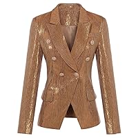 Blazer Party Women's Lion Metal Buttons Double Breasted Blazer Jacket Outer Wear Gold