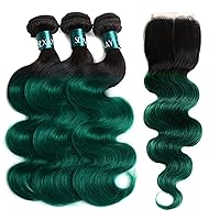 Green Body Wave Bundles with Closure,10A Grade Brazilian Remy Hair 1b/green Body Wave Human Hair Bundles with Closure for Women (16