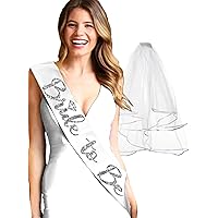 Bride Sash and Veil - SET OF 2: Silver Diamond Bride to Be White BRIDAL GRADE SATIN Sash & White Veil - Bachelorette Party Veil and Sash Set - Veil Set(SLV DiaB2B) Wht