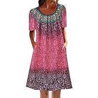 50S Dresses for Women,Floral Round Women Boho Sleeve Summer Dress Pocket Loose Neck Print Short Dress Women's C