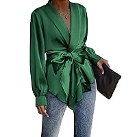 ACEVOG Women's Satin Blouse Wrap Tie Waist or Open Front Shirt Silk Drape Dressy Long Sleeve Top