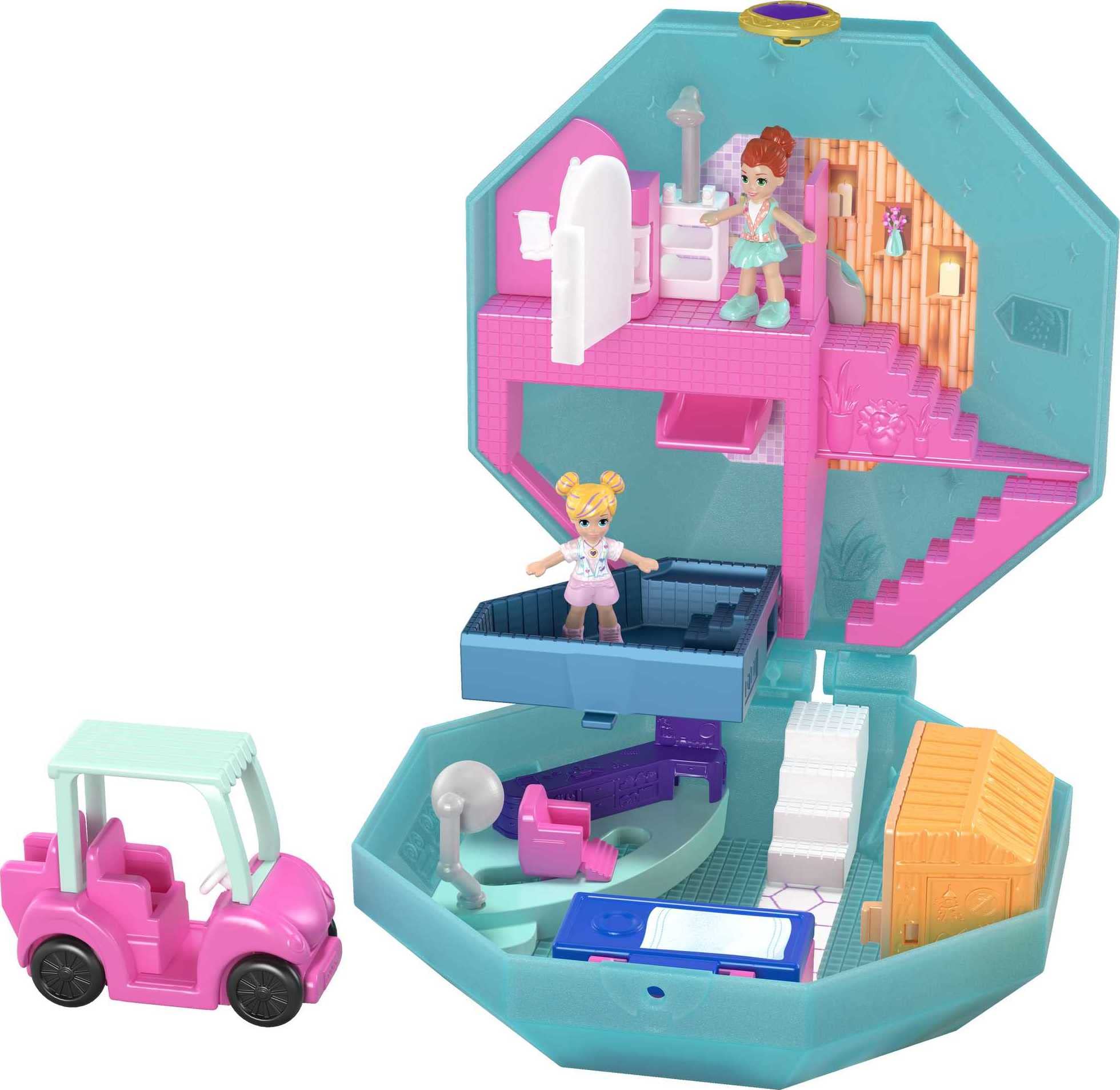 Polly Pocket Playset, Travel Toy with 2 Micro Dolls, Toy Car & Surprise Accessories, Pamperin Perfume Spa Compact