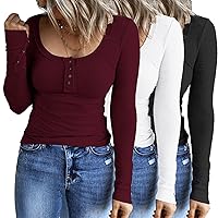 Womens 3 Packs Long Sleeve Shirts Casual Fall Fashion Outfits Clothes Henley Tops Button Down Basic Ribbed Knit Tshirts