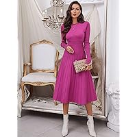 TLULY Sweater Dress for Women Pleated Hem Sweater Dress Without Chain Sweater Dress for Women (Color : Red Violet, Size : Small)