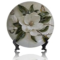 Classic White Magnolia Flower And Butterfl Decorative Plate Abstract Paint Handmade Ceramic Art Decoration With Display Stand For Home Office Table Decor Porcelain Plates - 10 Inches
