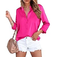 Women's Satin Button Down Shirts Roll Up Long Sleeve Lapel V Neck Loose Casual Work Summer Spring Blouse Tops 2024