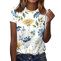 Women's Summer Shirt Short Sleeve Shirts for Women Floral Print Fashion Pretty Casual Loose with Round Neck Summer Tunic Blouses Sky Blue Large