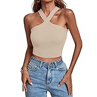 Women Fashion Cold Sholder Cross Halter Crop Tops Summer Knit Ribbed Casual Slim Fit Sexy Y2k Sleeveless Tank Top