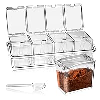 4-Cell Clear Seasoning Rack Spice Box, Storage Container Condiment Jars Acrylic Seasoning Box with Cover and Spoon (Basic Clear)