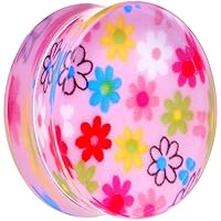 Body Candy 32mm Acrylic Pink Multicolored Flower Power Saddle Ear Gauge Plug (1 Piece)