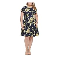 Jessica Howard Womens Navy Textured Zippered Lined Floral Short Sleeve Round Neck Above The Knee Fit + Flare Dress Plus 18W