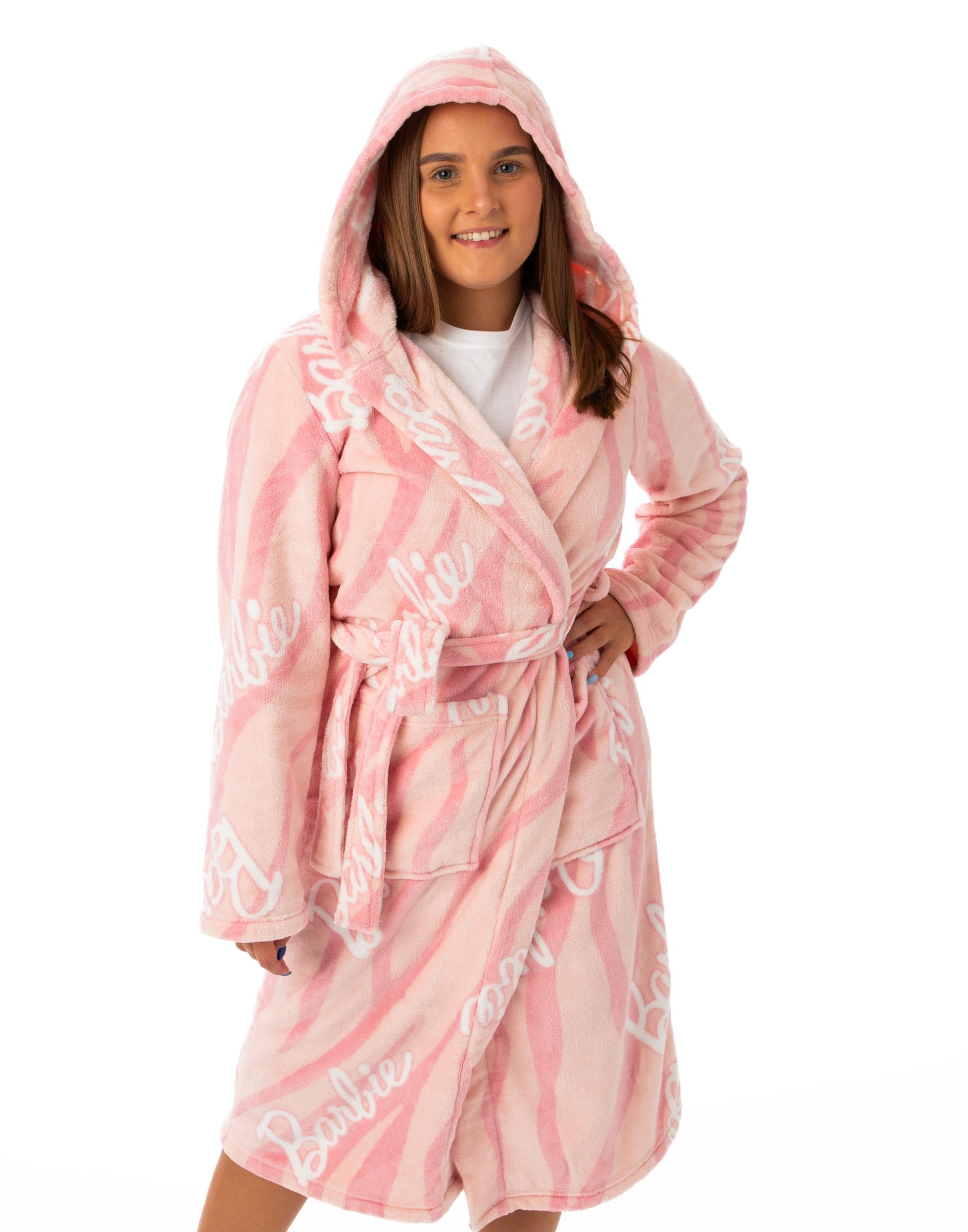 Barbie Womens Hooded Bathrobe | Ladies Pink All over Print Dressing Gown | Fashion Wave Print Fleece Loungewear Bathrobe