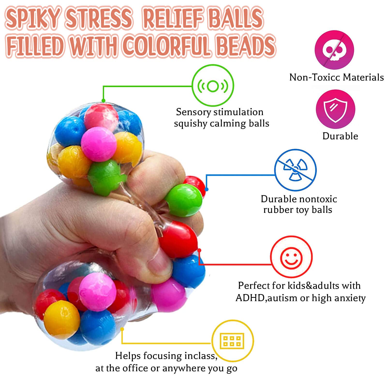 Squishy Stress Balls for Kids and Adults - 6 Balls Water Bead Stress Balls Balls Sensory Ball Squeeze Ball Fidget Toys Set for Anxiety Autism ADHD and More