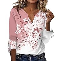 Tops for Women Trendy V Neck Boho Floral Print 3/4 Length Sleeve T Shirts 2024 Summer Casual Cute Baggy Blouse