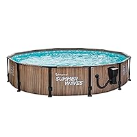 Summer Waves Natural Teak Elite 12 Foot by 30 Inch Outdoor Backyard Round Frame Above Ground Swimming Pool Set with Filtration Pump