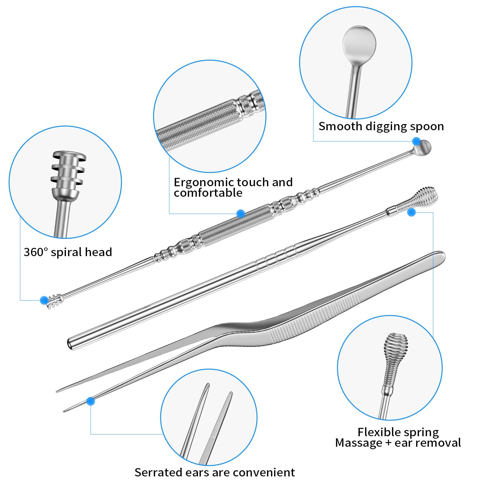 Ear Wax Removal Ear Cleaner - 16PCS Ear Cleaning Kit, 316 Stainless 360° Spiral Ear Wax Remover Kit, Professional/Multi-Functional Earwax Remover Curette with Clean Brush/Metal Case