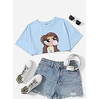 Women's Tops Women's Shirts Sexy Tops for Women Drop Shoulder Figure Pattern Crop Tee (Color : Baby Blue, Size : Small)