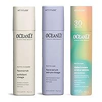 Bundle of ATTITUDE Oceanly Tinted Face Cream Stick with SPF 30, EWG Verified,Universal Tint, Unscented, 1 Oz + Face Scrub PHYTO CLEANSE, Unscented, 1 Oz + Face Serum, PHYTO AGE, Unscented, 1 Oz