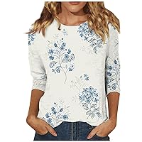 Cute Tops for Women,3/4 Sleeve Tops for Women Crew Neck Vintage Print Graphic Shirt Plus Size Tops for Women