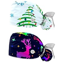 2 Packs Scrub Cap Women with Buttons, Adjustable Elastic Tie Back Skull Hats, Christmas Snowman Bouffant Surgical Cap