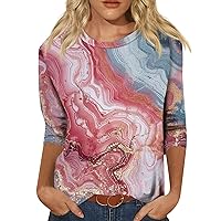 3/4 Length Sleeve Womens Tops Fall Casual Floral Print T Shirt Elegant Crewneck Blouse Trendy 2024 Tees Shirt