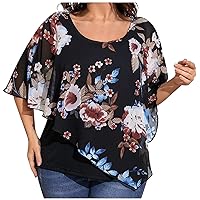 YZHM Plus Size Tops for Women Chiffon Blouses Double-Layered Flowy Shirts Lightweight Mesh Poncho Tops Dressy Casual Tshirts