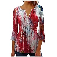 Independence Day 3/4 Sleeve Shirts for Women 4th of July Plus Size Summer Tops Flag Graphic Tees Button Down Blouses
