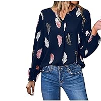 Womens Fashion Lantern Long Sleeve V Neck T Shirts Feather Print Graphic Shirts Office Ladies Dressy Casual Tops and Blouses