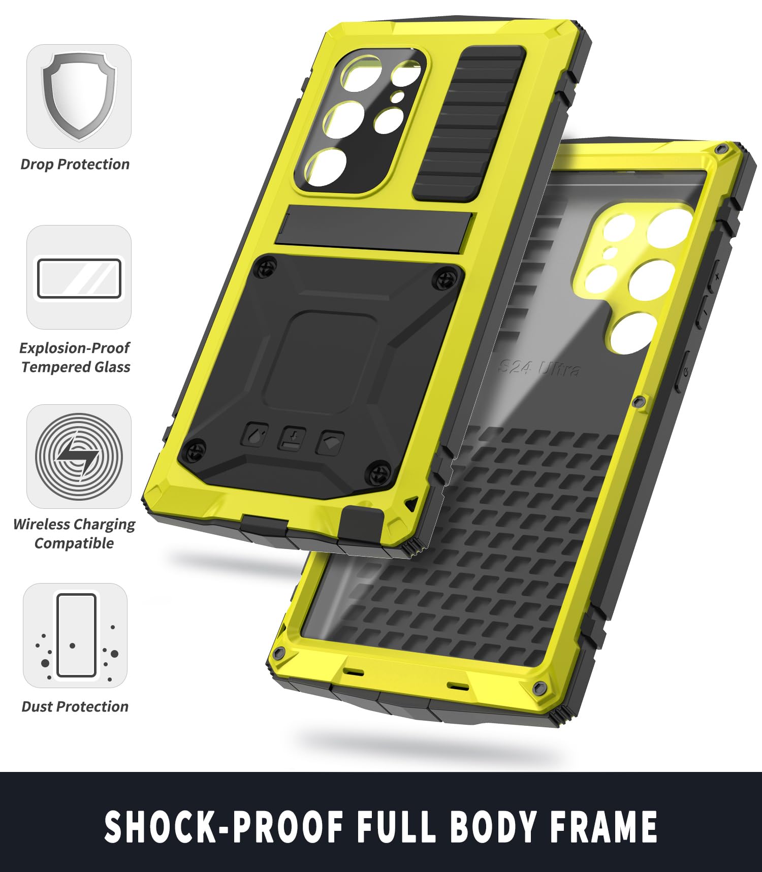 Simicoo Compatible with Samsung S24 Plus Metal Bumper Silicone Case with Stand Screen Protector Gorilla Glass Hybrid Durable Military Shockproof Heavy Duty Rugged Man Full Body Camera Cover (Yellow)
