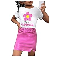 Floerns Toddler Girl's 2 Piece Outfit Short Sleeve T Shirts with Split Hem Skirt Sets