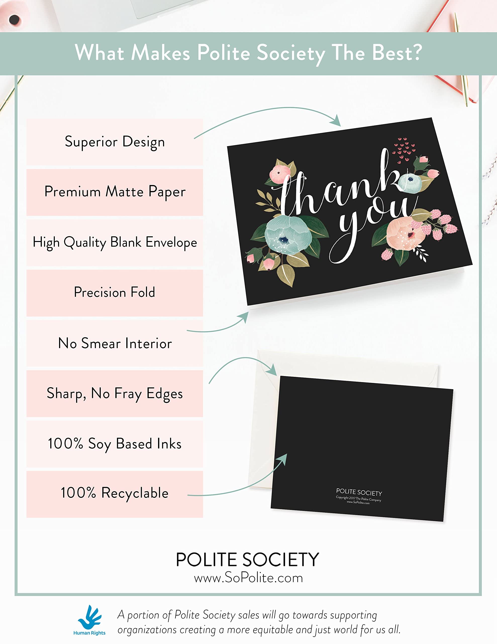 Polite Society Thank You Cards - 37 Beautiful Thank You Card - Blank Cards - White Envelopes Included - Bridal, Baby Showers and Business (37 Pack - Bonus 24K Gold Card)