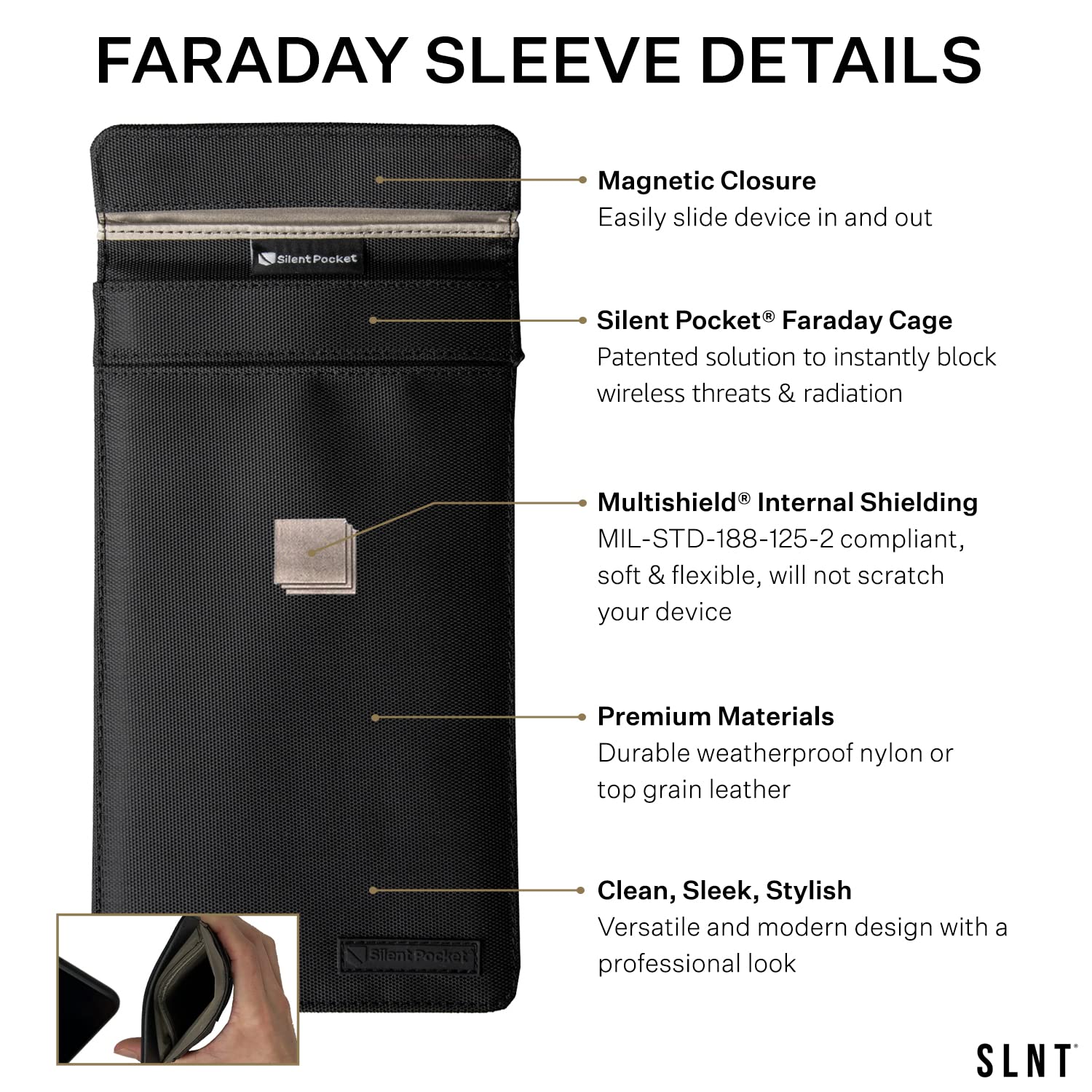 Silent Pocket SLNT Faraday Bag Smartphone Sleeve Leather or Waterproof Nylon - Signal Blocking Device Shielding for iPhone, Samsung Galaxy, fits Most Phones, Anti-Hacking (Grey Nylon, Small)