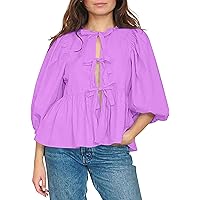 Women Tie Front Tops Puff Sleeve Babydoll Shirts Y2K Cute Ruffle Peplum Going Out Top Blouse Trendy Clothes