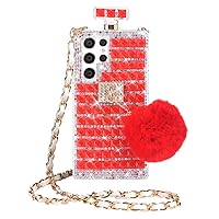 Losin for Galaxy S22 Ultra Perfume Bottle Case Bling Glitter Case for Women Girls Detachable Crossbody Lanyard Strap Case Luxury 3D Sparkle Rhinestones Gemstone with Cute Plush Furry Ball Cover, Red