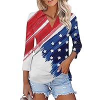 Women's Activewear Tops, 3/4 Sleeve T Shirts V Neck Collared Casual Tees Blouse Summer 2024 4Th of July, S XXXL