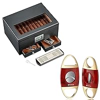 Cigar Humidors with 2 Drawers,Cigar Accessories with Humidifier,Humidor Cigar Box Solid Cedar Wood,Cigar Cutter Set V Cutter Cigar Guillotine Accessories Up to 60 Gauge Perfect Cut Ideal Cigar
