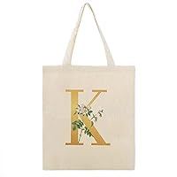 Gold Initial K Alphabet Monogram Letter White Floral Canvas Tote Bag with Handle Cute Book Bag Shopping Shoulder Bag for Women Girls
