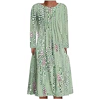 Women's Long Sleeve Floral Print High Waist T Shirt Midi Dress with Pockets Boho Summer Beach Flowy Party Dresses