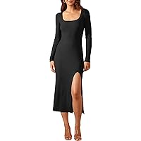 ANRABESS Women's 2023 Trendy Long Sleeve Sweater Dress Square Neck Side Slit Bodycon Ribbed Knit Slim Fit Midi Dress