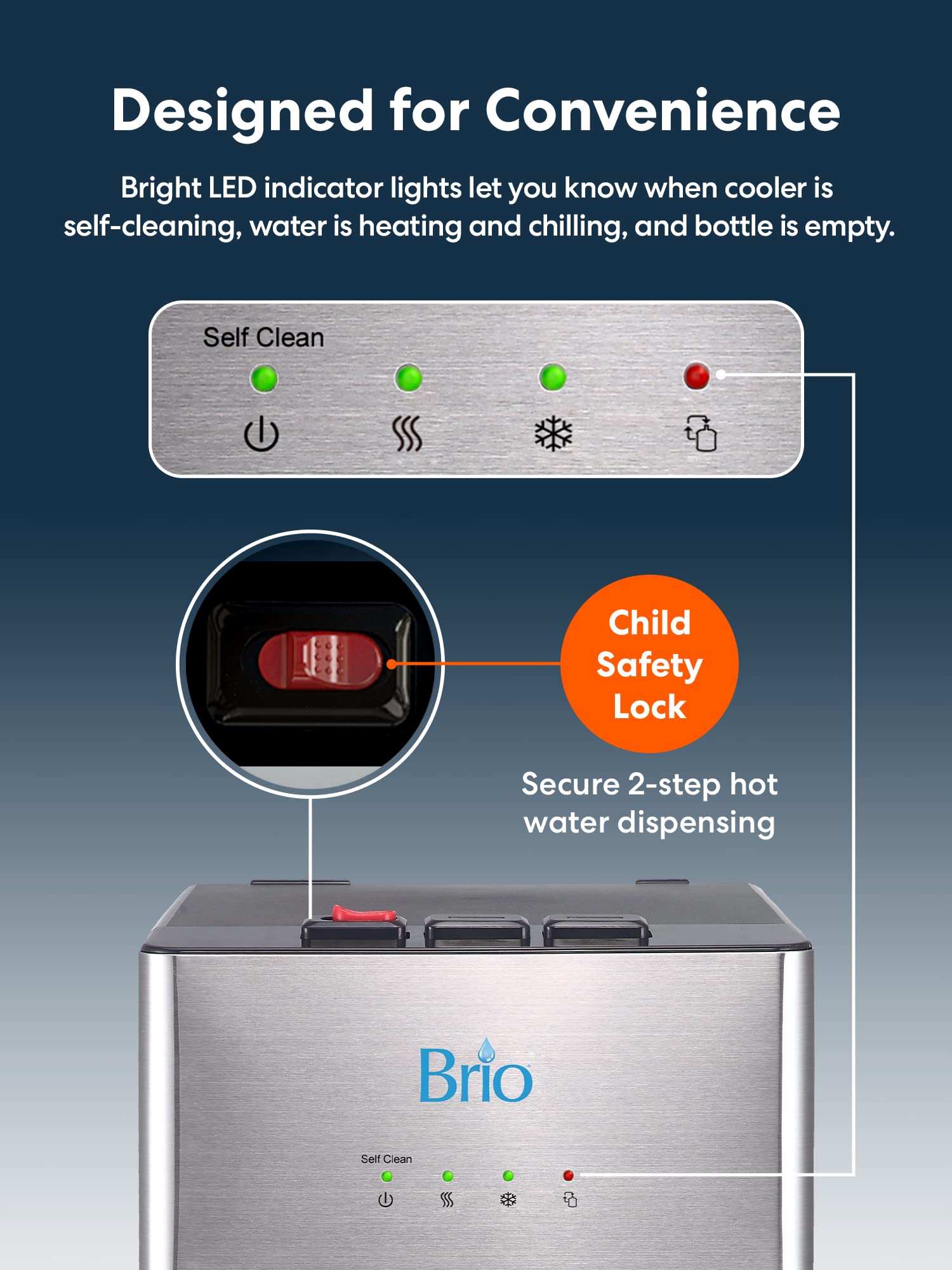 Brio CLBL520SC Self-Cleaning Bottom Load Water Cooler Dispenser for 3 & 5 Gallon Bottles – Hot, Room & Cold Spouts, Child-Safety Lock, LED Display & Night Light, Silver Stainless Steel
