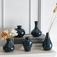 Small Blue Vases, Ceramic Bud Vase Set of 5, Mini Pottery Vases for Pampas Grass, Flowers, Decorative Vases for Home Modern Decor, Rustic Decor, Veses for Living Room Dining Table Shelves