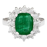 3.2 Carat Natural Green Emerald and Diamond (F-G Color, VS1-VS2 Clarity) 14K White Gold Luxury Engagement Ring for Women Exclusively Handcrafted in USA