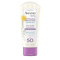 Aveeno Baby Continuous Protection Zinc Oxide Mineral Sunscreen Lotion for Sensitive Skin, Broad Spectrum SPF 50, Tear-Free, Sweat- & Water-Resistant, Paraben-Free, Travel-Size, 3 fl. oz