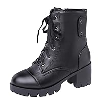BIGTREE Combat Boots For Women Platform Chunky Block Heel Lace-Up Side Zipper Ankle Booties