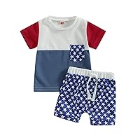 0-2T Infant Baby Boys 4th of July Outfits Waffle Shirts+ Stars Print Shorts Set Patchwork Shirt+ Drawstring Shorts Set