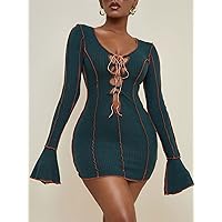 Summer Dresses for Women 2022 Lace Up Front Top-Stitching Bodycon Dress Dresses for Women (Color : Teal Blue, Size : Medium)